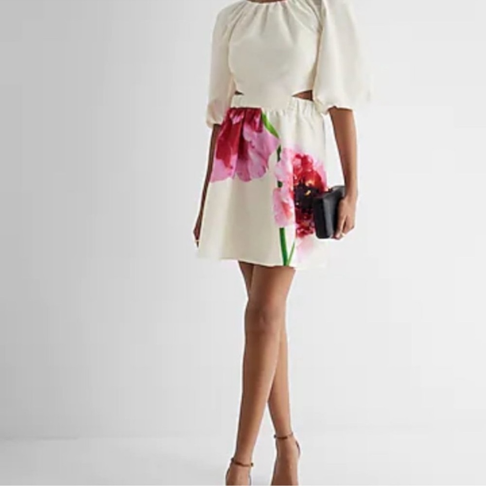 NWT Floral Puff Sleeve Cutout Mini Dress - Picture 4 of 6